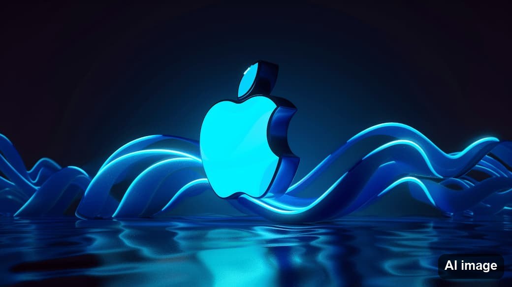 Blau leuchtendes Apple-Logo über einer Wellenlandschaft