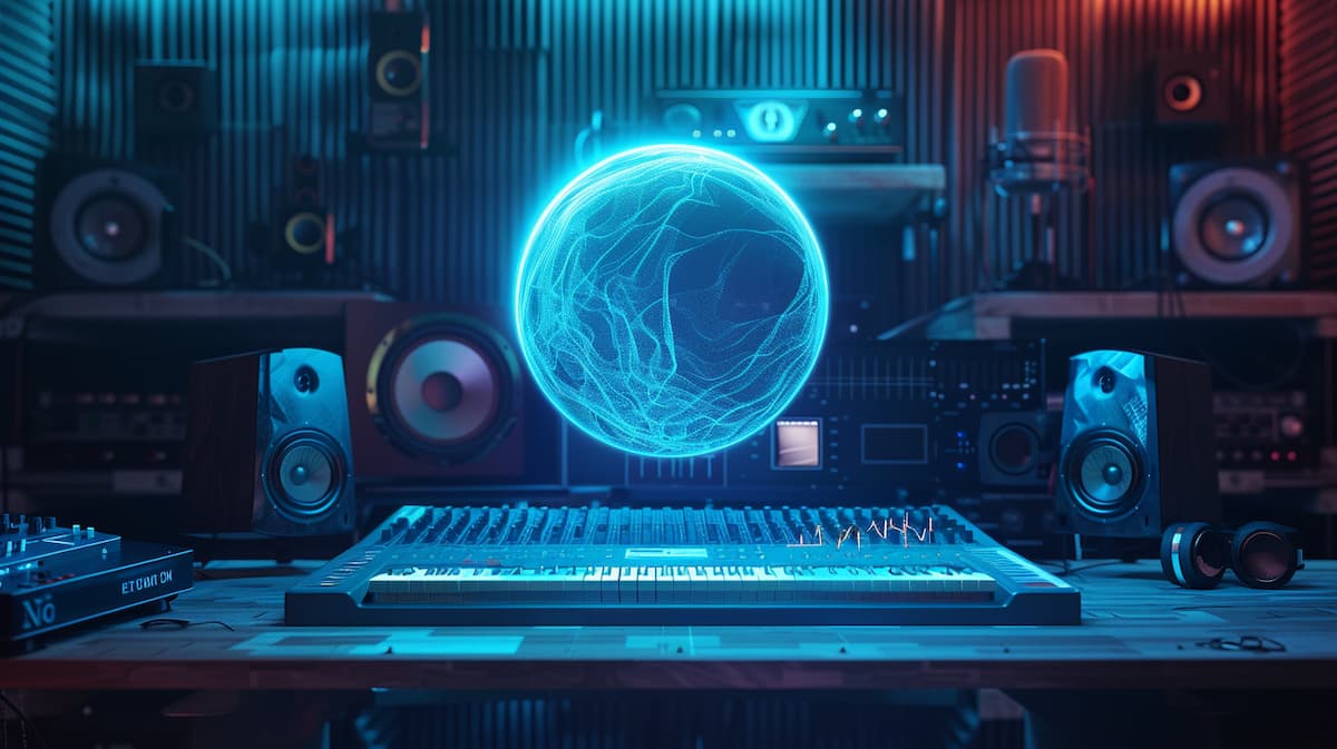 A_glowing_neon_blue_3D_audio_sphere_floating_above_a
