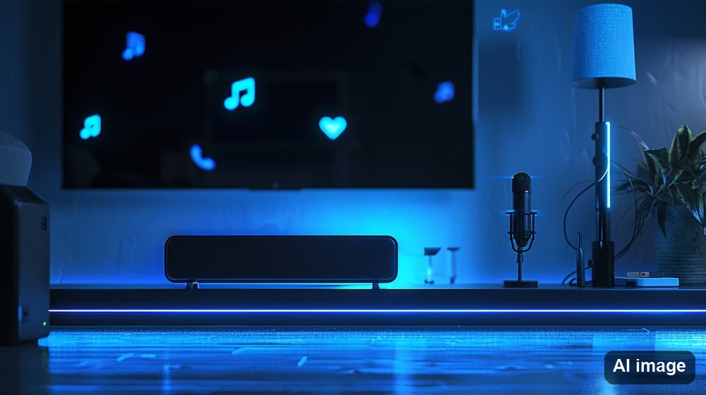 A_minimalist_workspace_setup_featuring_a_neon-blue_soundbar