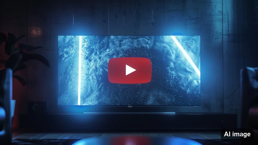 Großer Fernseher in einem dunklen Raum, auf dem ein YouTube-Video mit Play-Symbol läuft