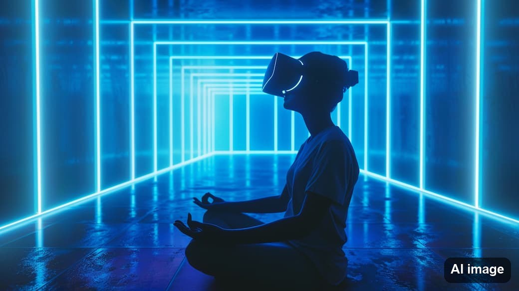 Ein Mensch meditiert in einem VR Raum