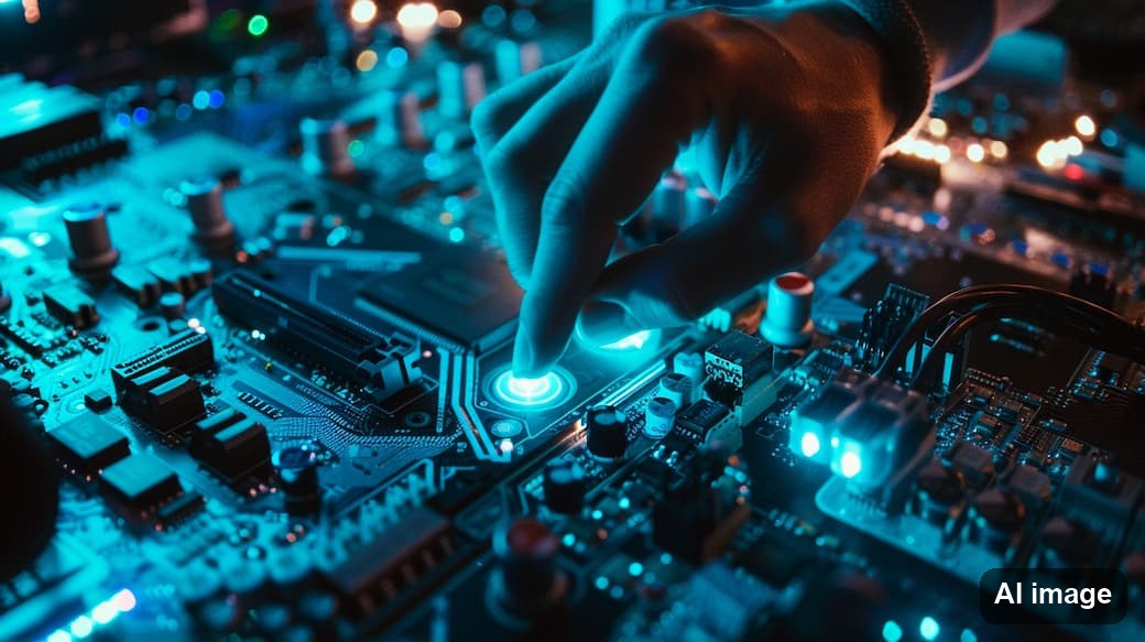 Mensch drückt einen blauen Button auf einem futuristischem Gerät