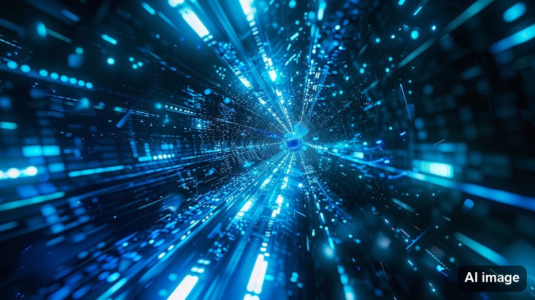 Blau leuchtender Datentunnel mit rasenden Lichtstreifen
