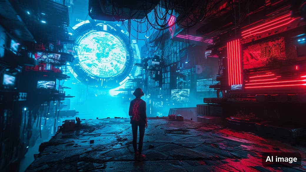 Person vor einem riesigen leuchtenden Portal in einer neonbeleuchteten Cyberpunk-Gasse